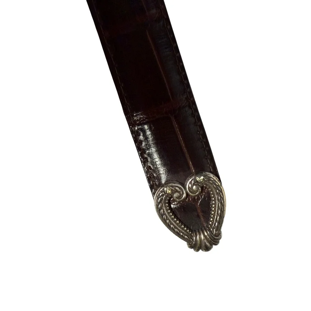 Brighton Black Croc Embossed Leather Belt Silver Heart Charm Buckle Western 34